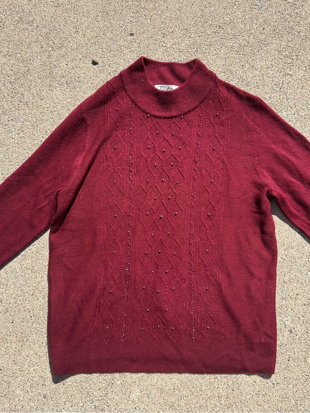 Tradition Petite Burgundy Beaded Cable Knit Mock Neck Sweater Size Medium (12P)
